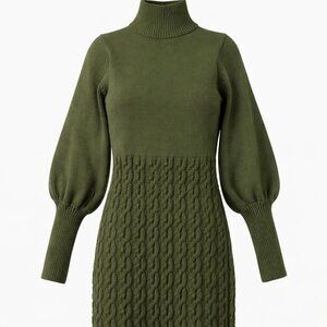 Lulus - Fresh Perspective Olive Green Knit Turtleneck Sweater Dress - Size Small